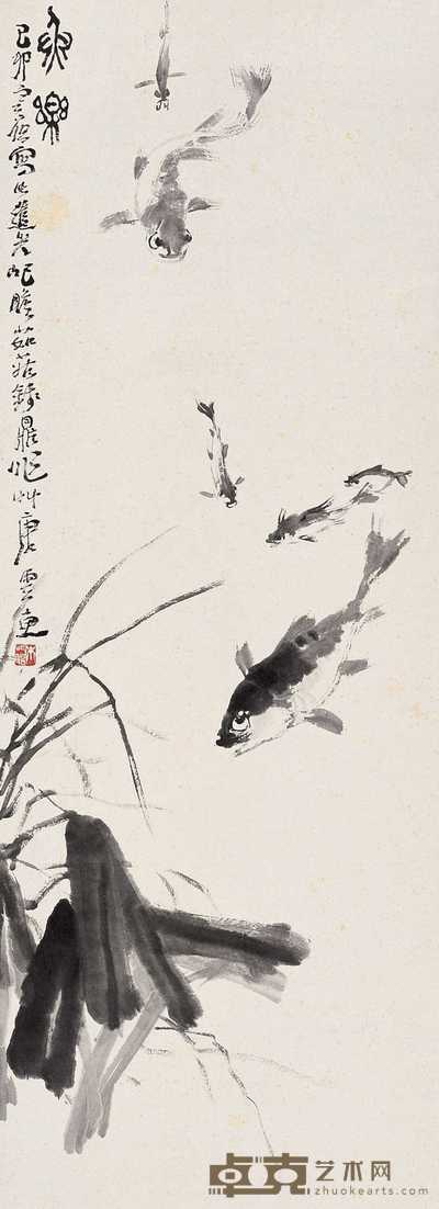 朱屺瞻 唐云等 己卯（1939）年作 鱼乐图 立轴 108×39.5cm
